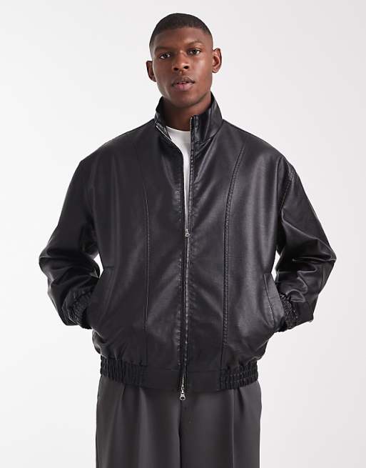 DESIGN faux leather bomber jacket in washed black