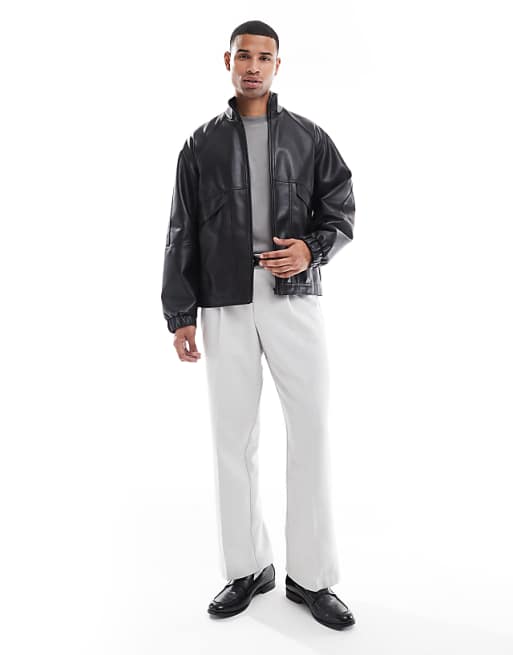DESIGN Faux Leather Bomber Jacket With Funnel Neck In Black