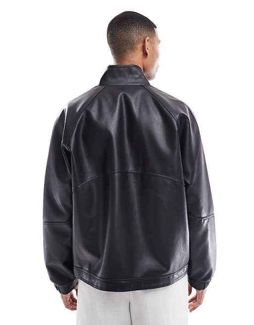 DESIGN Faux Leather Bomber Jacket With Funnel Neck In Black