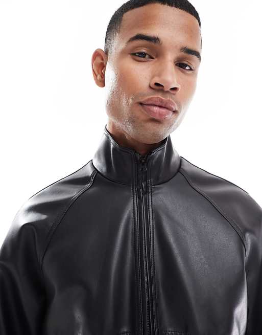DESIGN Faux Leather Bomber Jacket With Funnel Neck In Black