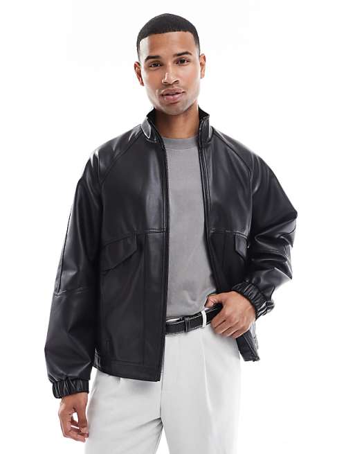 DESIGN faux leather bomber jacket with funnel neck in black