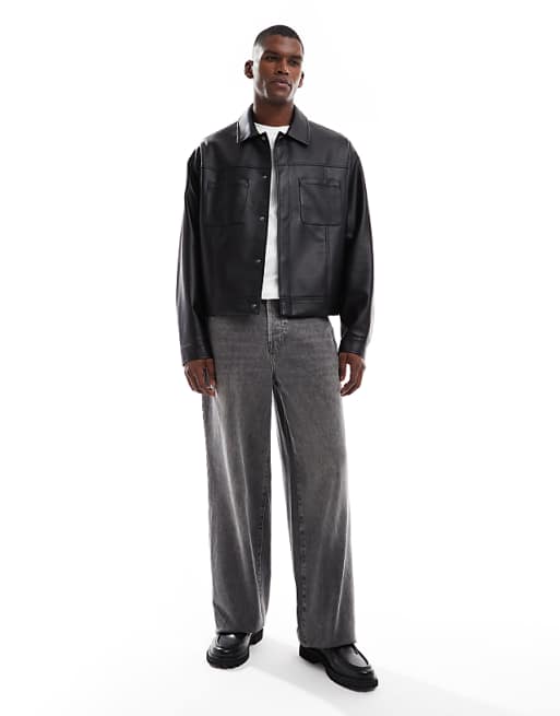 DESIGN Faux Leather Harrington Jacket In Black