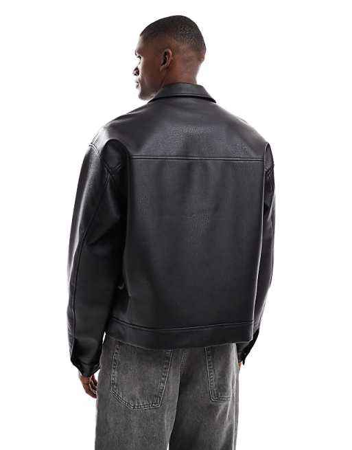 DESIGN Faux Leather Harrington Jacket In Black