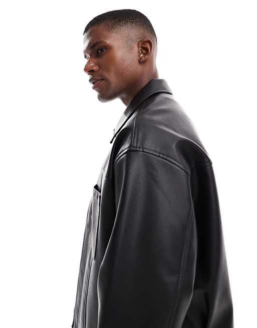 DESIGN Faux Leather Harrington Jacket In Black
