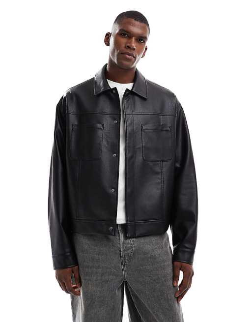 DESIGN faux leather harrington jacket in black