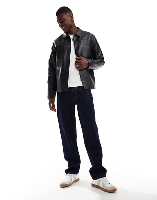 DESIGN Faux Leather Shacket In Black