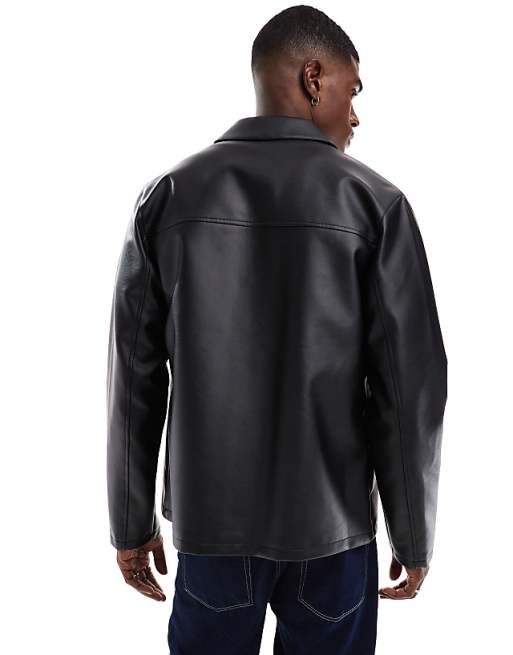 DESIGN Faux Leather Shacket In Black