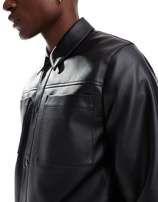 DESIGN Faux Leather Shacket In Black