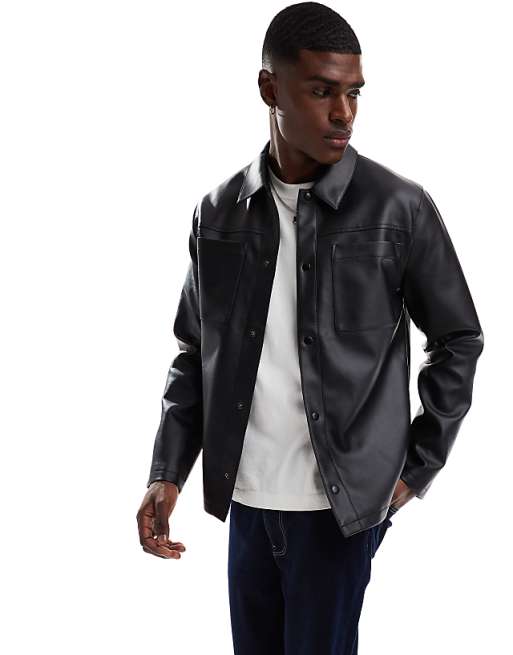 DESIGN faux leather shacket in black