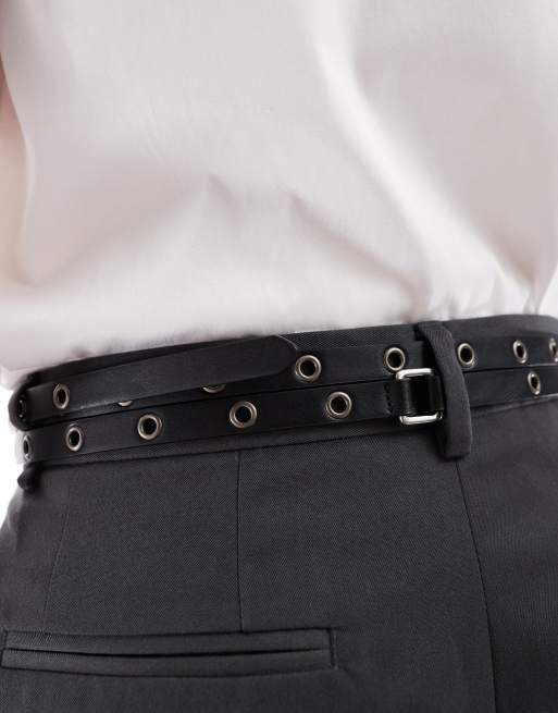 DESIGN Faux Leather Studded Double Strap Skinny Belt
