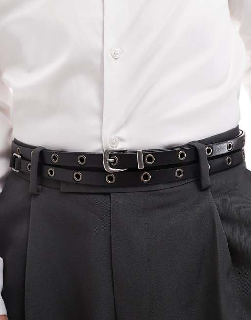 DESIGN faux leather studded double strap skinny belt