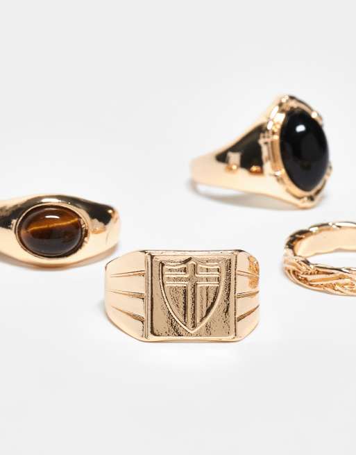DESIGN Faux Onyx And Tigers Eye 4 Pack Signet Ring Set In Gold