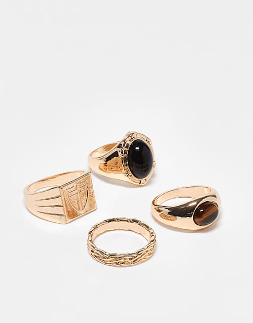 DESIGN faux onyx and tigers eye 4 pack signet ring set in gold