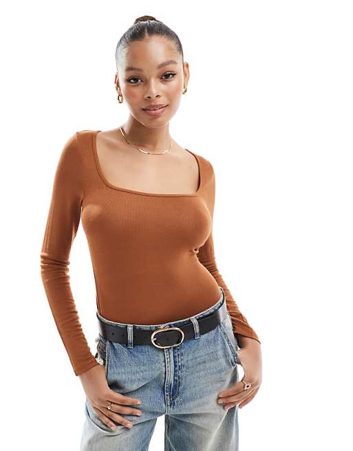 DESIGN fine knit scoop neck long sleeve top in tan