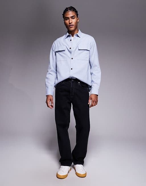 DESIGN Flannel Overshirt With Patch Pockets In Blue