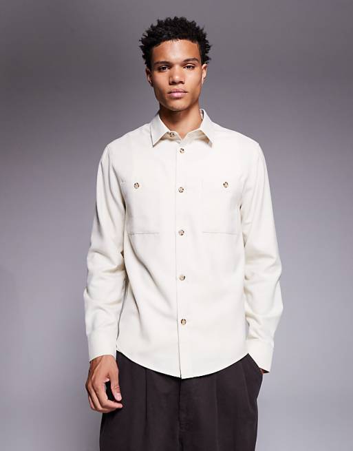 DESIGN flannel overshirt with patch pockets in beige