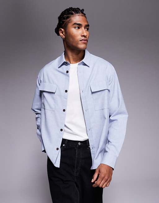 DESIGN flannel overshirt with patch pockets in blue