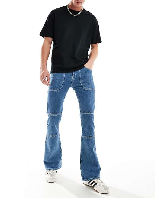 DESIGN Flare Jeans With Panels In Mid Blue