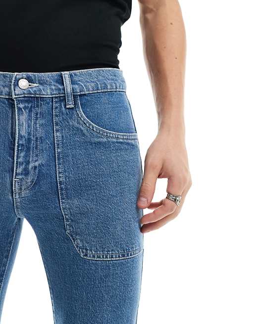 DESIGN Flare Jeans With Panels In Mid Blue