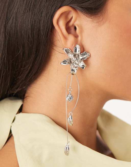 DESIGN Floral Drop Stud Earrings With Wire Design In Silver Tone