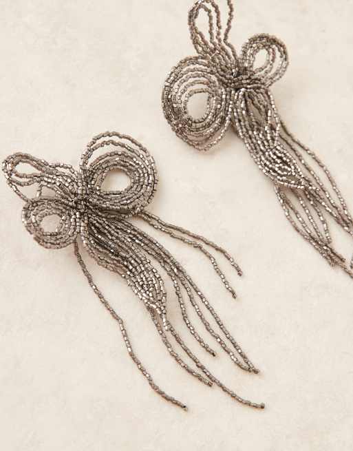 DESIGN Floral Stud Earrings With Beaded Details In Dark Silver