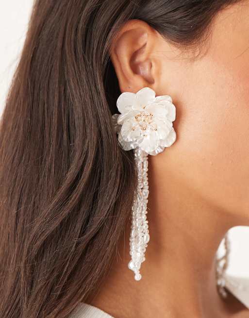 DESIGN Floral Stud Earrings With Faux Pearl Drops In Ivory
