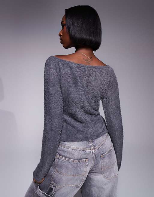 DESIGN Fluffy Off Shoulder Top With Silver Trim In Charcoal
