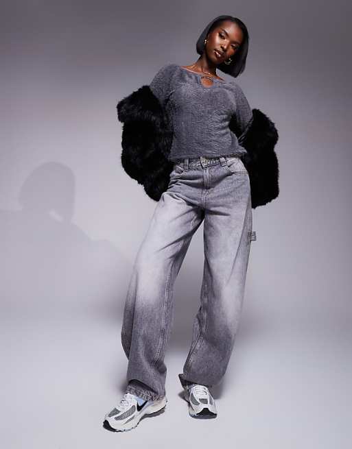 DESIGN Fluffy Off Shoulder Top With Silver Trim In Charcoal