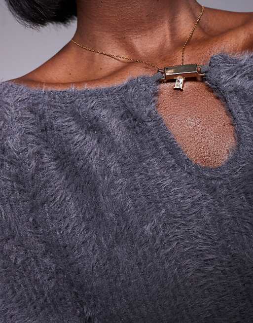 DESIGN Fluffy Off Shoulder Top With Silver Trim In Charcoal