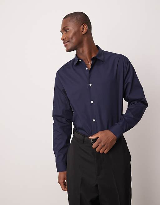 DESIGN formal easy iron poplin regular shirt in navy