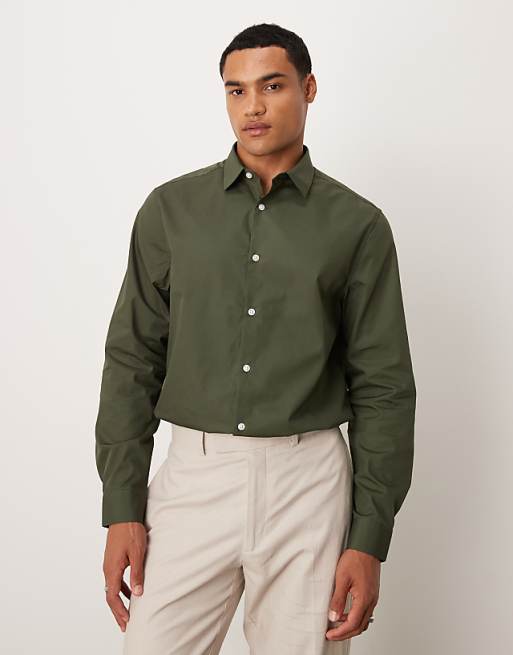 DESIGN formal easy iron poplin regular shirt in dark green