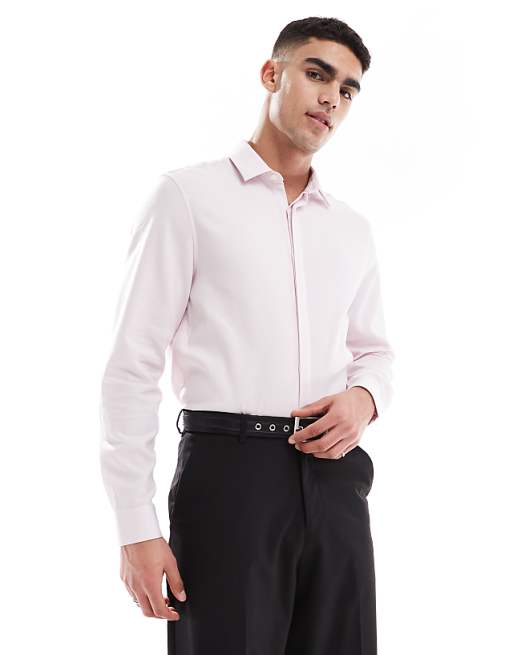 DESIGN formal easy iron regular textured shirt with concealed buttons in pink
