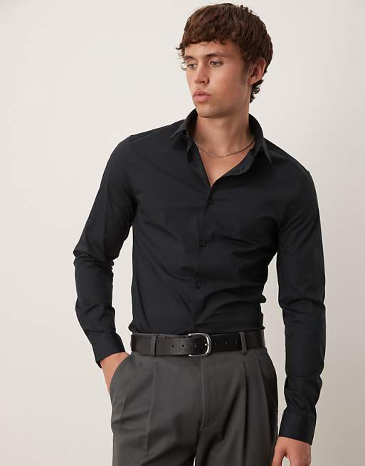 DESIGN formal easy iron skinny poplin regular shirt in black