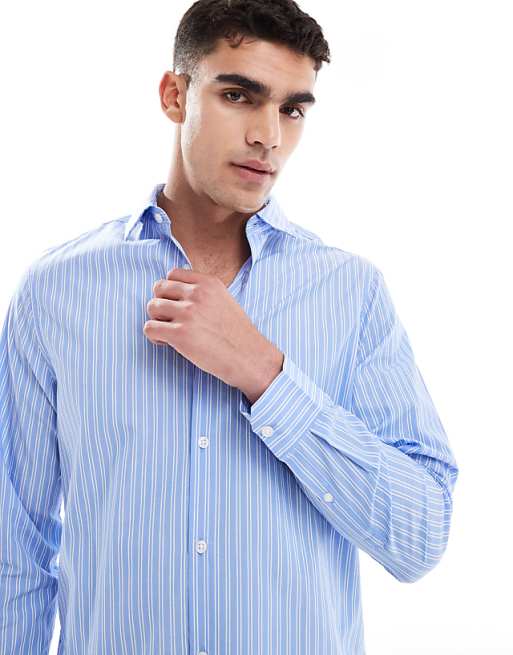 DESIGN Formal Easy Iron Stripe Regular Shirt In Light Blue