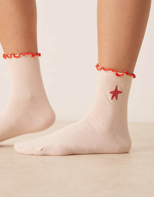 DESIGN frill top socks with embroidered star fish design in pink