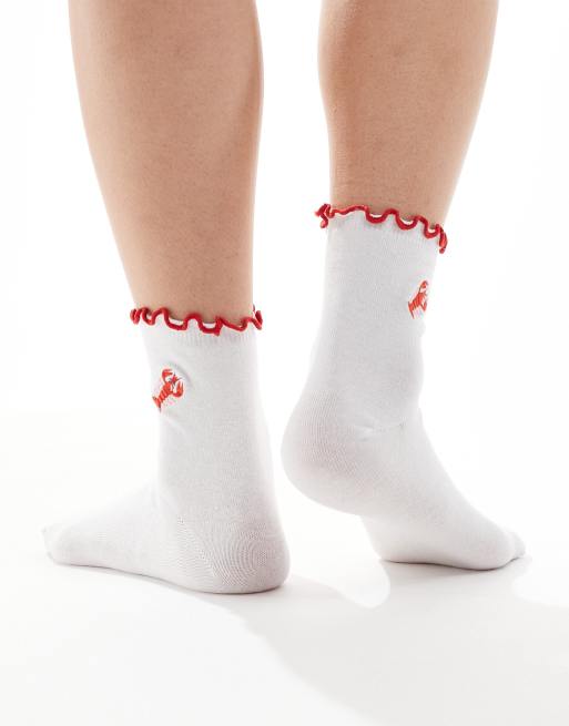 DESIGN Frill Top Socks With Lobster Embroidered Design In White