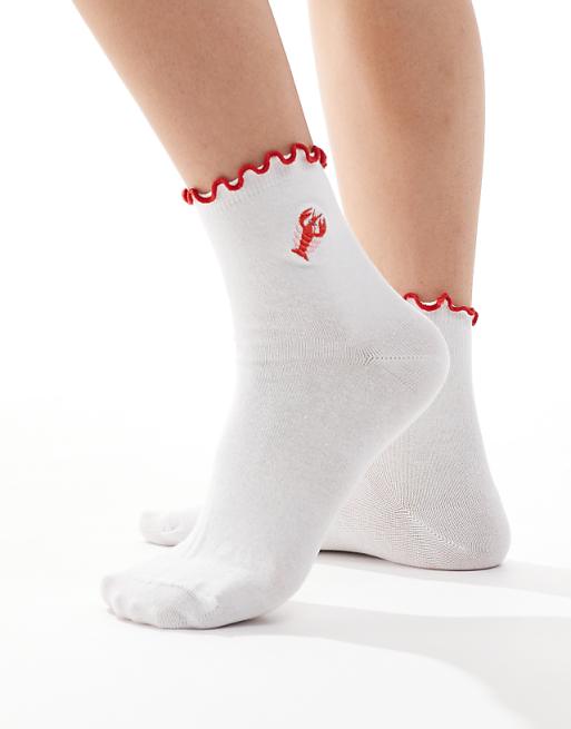 DESIGN frill top socks with lobster embroidered design in white