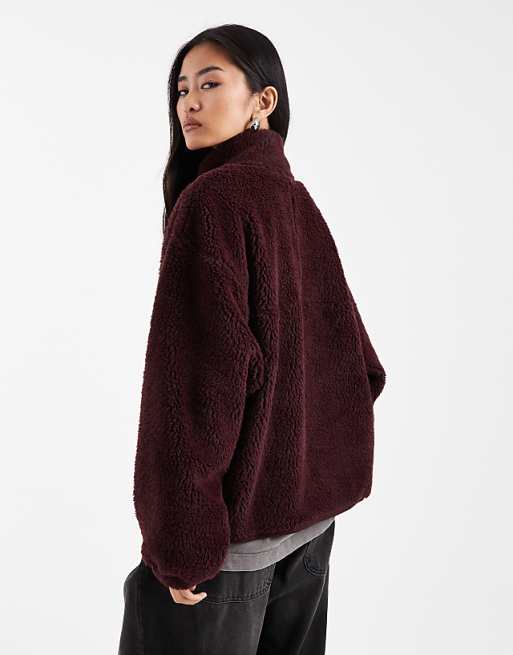 DESIGN Funnel Neck Borg Fleece In Burgundy