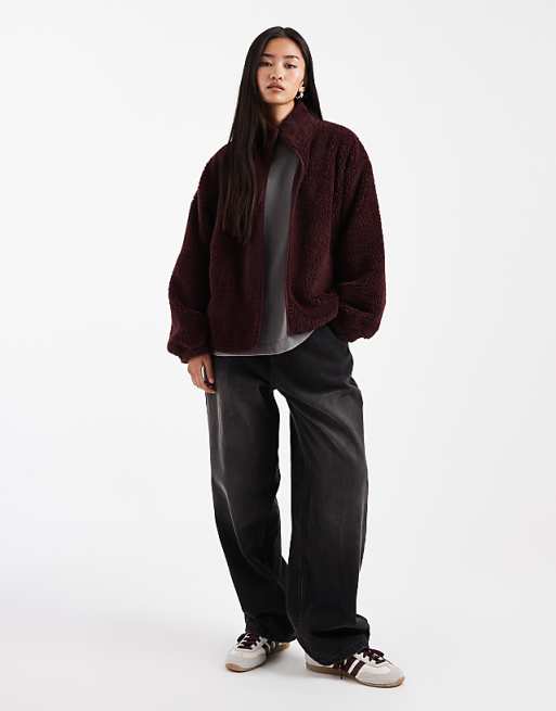 DESIGN Funnel Neck Borg Fleece In Burgundy