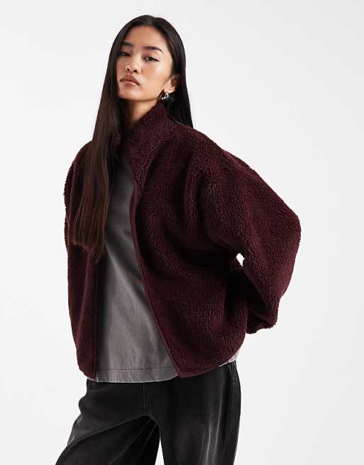 DESIGN funnel neck borg fleece in burgundy