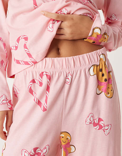 DESIGN Gingerbread & Candy Cane Long Sleeve Top & Trouser Pyjama Set In Pink Marl