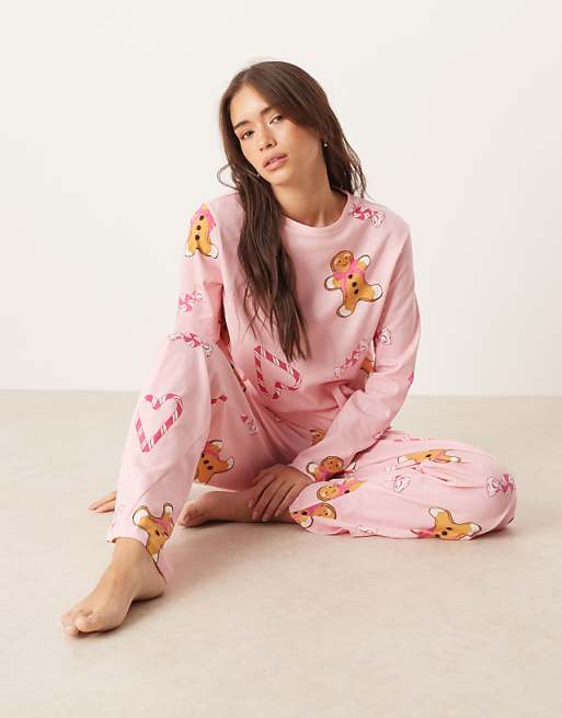 DESIGN Gingerbread & Candy Cane Long Sleeve Top & Trouser Pyjama Set In Pink Marl