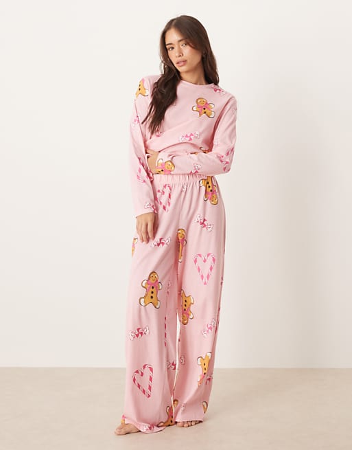 DESIGN gingerbread & candy cane long sleeve top & trouser pyjama set in pink marl