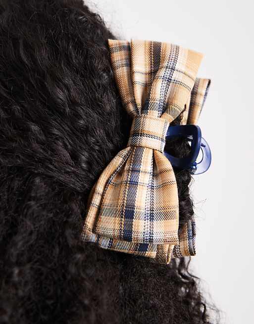 DESIGN hair claw with check tartan bow detail in yellow