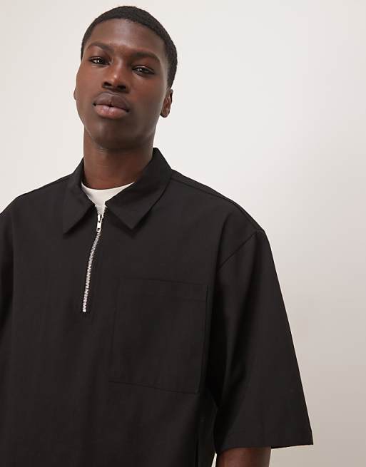 DESIGN Half Sleeve Co-ord Shirt With Zip Neck In Black
