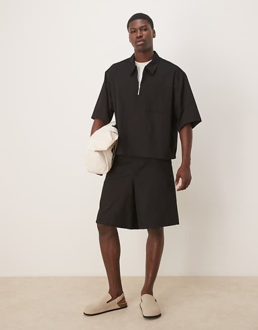 DESIGN Half Sleeve Co-ord Shirt With Zip Neck In Black