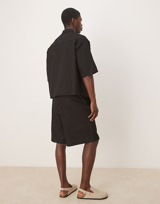 DESIGN Half Sleeve Co-ord Shirt With Zip Neck In Black