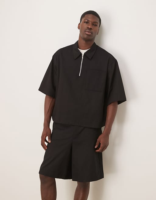 DESIGN half sleeve co-ord shirt with zip neck in black