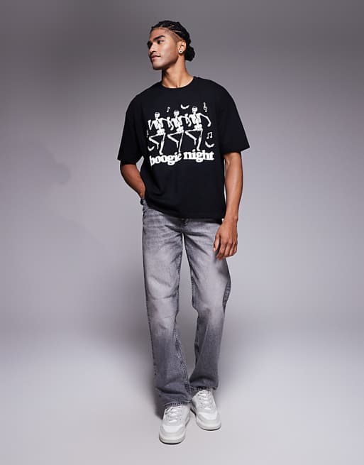 DESIGN Halloween Boxy Oversized T-shirt With Dancing Skeleton Graphic In Black