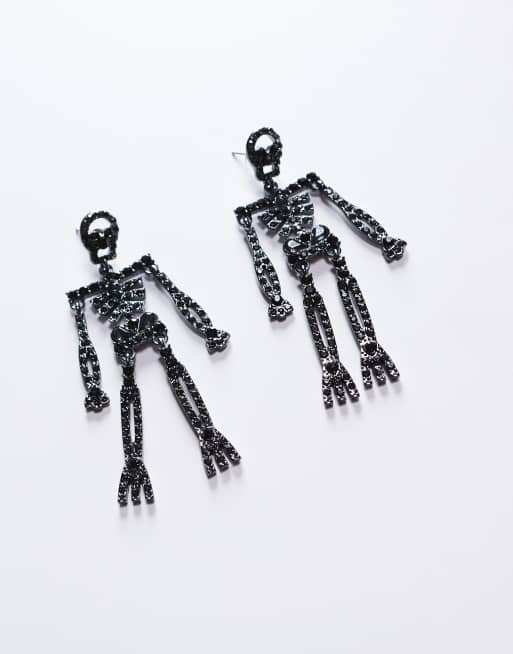 DESIGN Halloween Diamante Skeleton Drop Earrings In Black